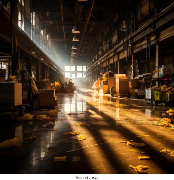 Sunlight streams into an empty warehouse