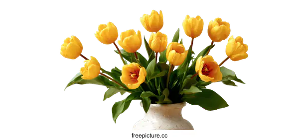 [Transparent Background PNG]Yellow Tulips in Vase Against a Light Blue Background