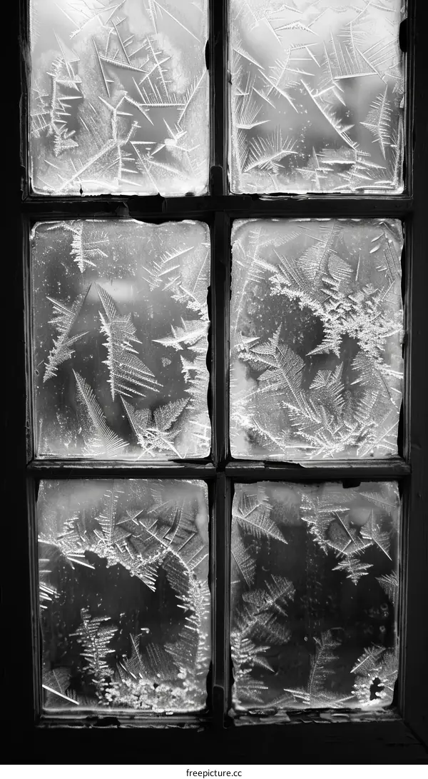 Black and white photo of frost on a window