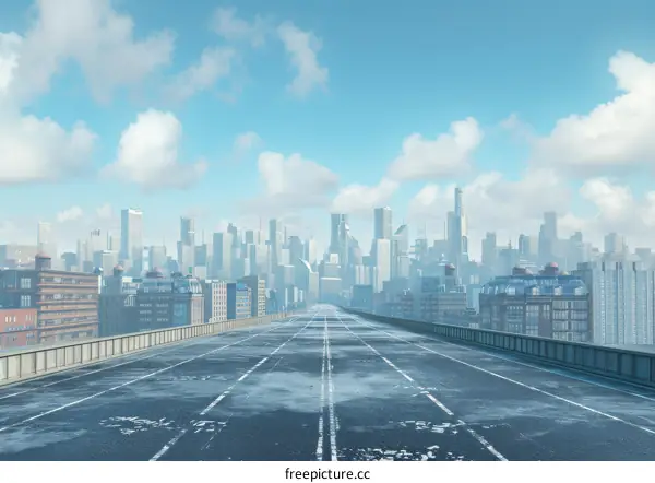 City overpass over a river with tall buildings in the background