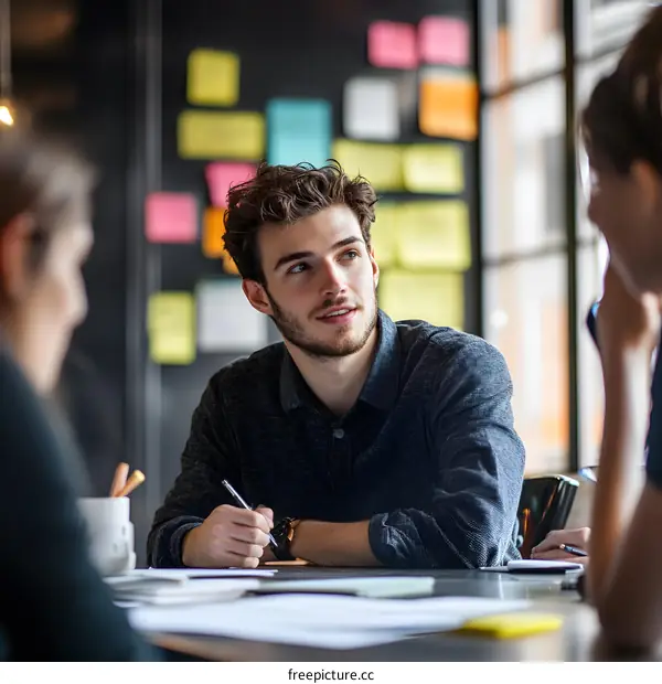 Young Businessman Listening to Colleagues During a Meeting