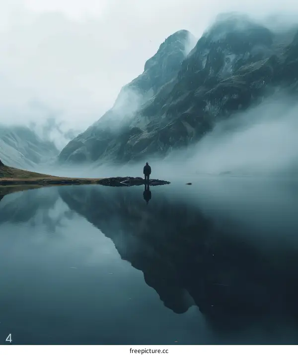 Man standing alone in a foggy lake with mountains in the background