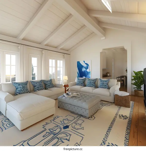 Modern White Sectional Sofa With Blue Cushions In Living Room