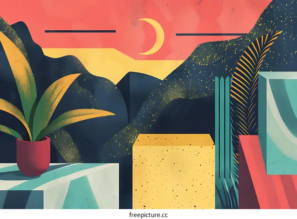 Abstract Art Illustration of Mountains and Crescent Moon