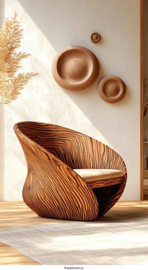 Modern Wooden Armchair with Circular Wall Decor