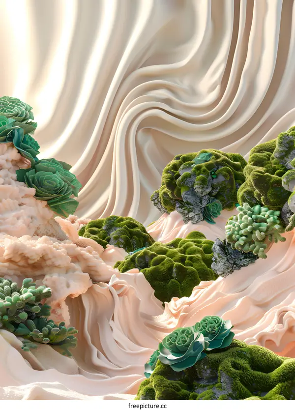 Abstract 3D Landscape with Green Plants and Wavy Cream Colored Background