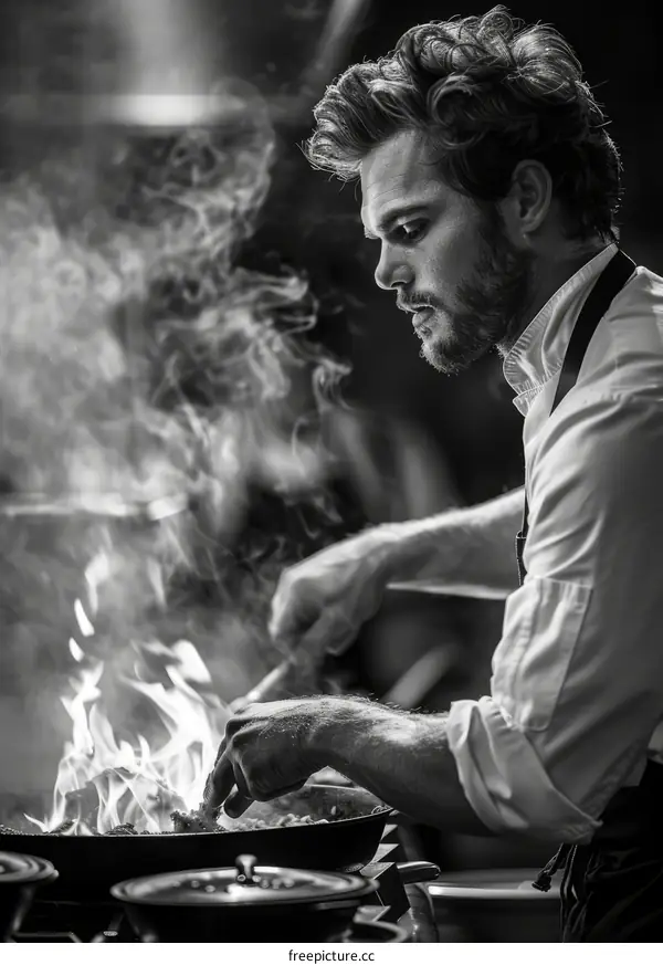 Black and white photo of a male chef cooking over an open flame