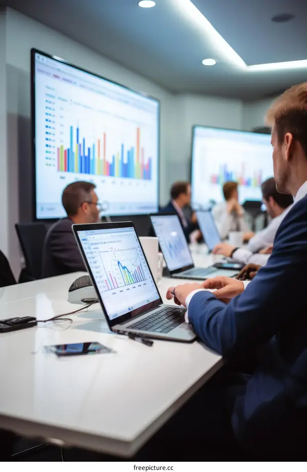 Business people in a meeting room looking at graphs and charts on screens and discussing data