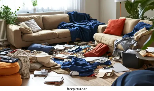 Messy Living Room With Cluttered Furniture