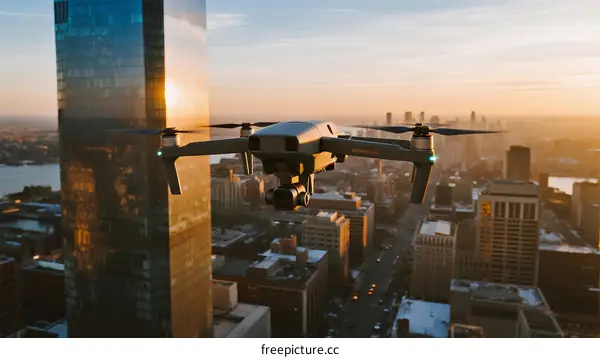 Drone flying over modern city buildings at golden hour