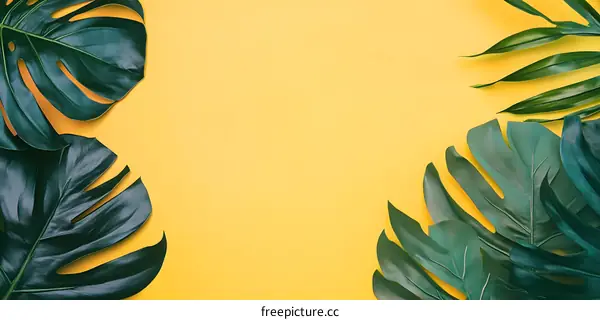 Tropical Green Leaves on Yellow Background