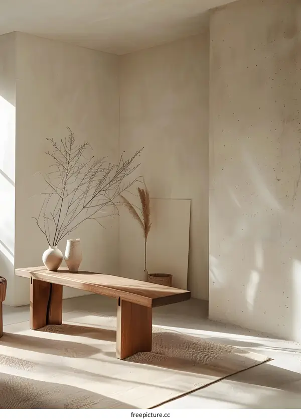 Minimalist Interior Design with Wooden Bench and Natural Light