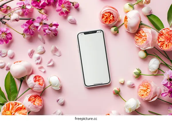 Flat Lay with Flowers and Smartphone on Pink Background