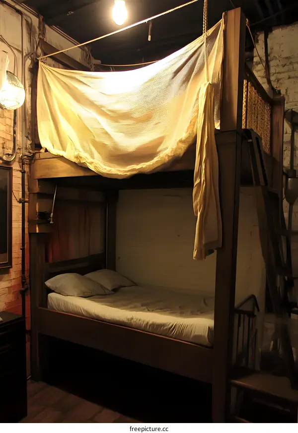 Old Wooden Bed with Mosquito Net in a Small Room