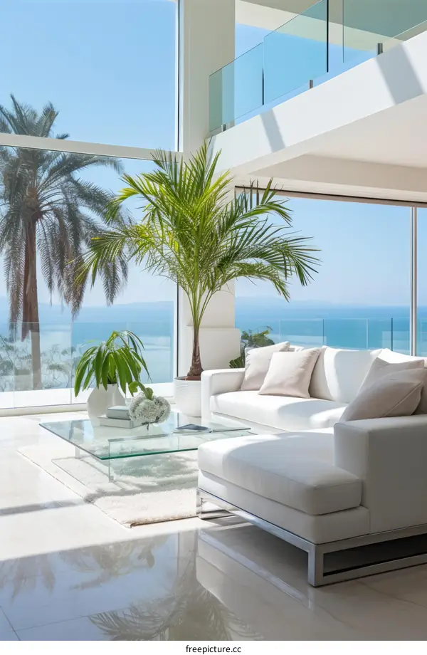 Modern living room interior with white sofa and palm tree