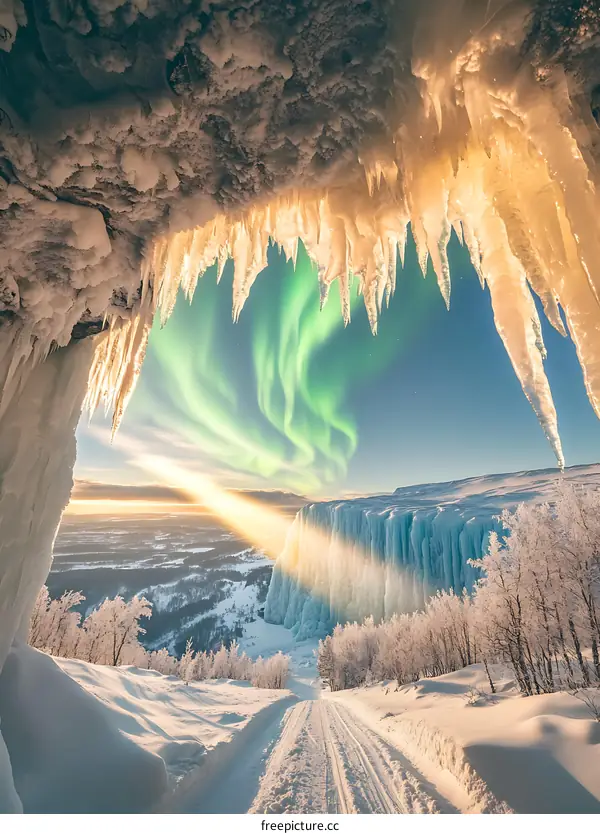 Frozen Waterfall with Aurora Borealis in Winter Landscape
