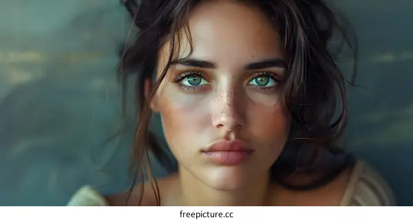 portrait of a beautiful young woman with green eyes and freckles