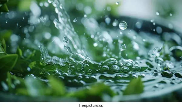 Water droplets falling on green leaves