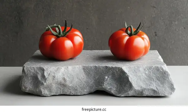 Two Fresh Tomatoes on a Stone Platform