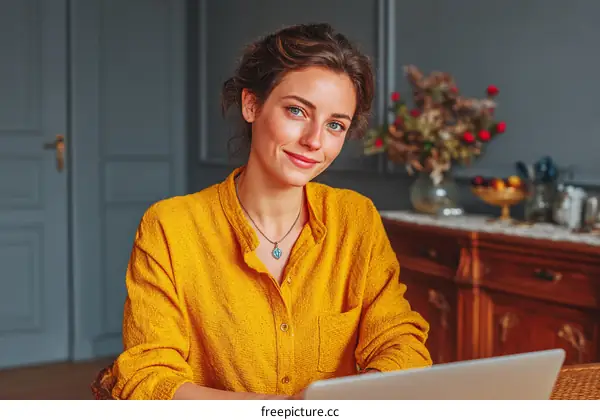 Woman Working on Laptop in Cozy Home Setting