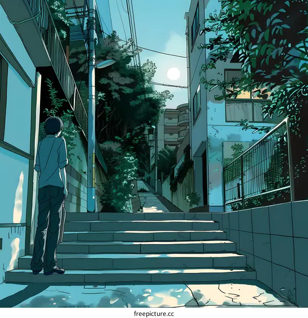 A Man Standing On The Stairs In A Japanese Alleyway