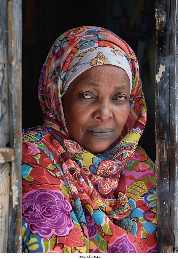 Woman in Colorful Headscarf Poses in Doorway