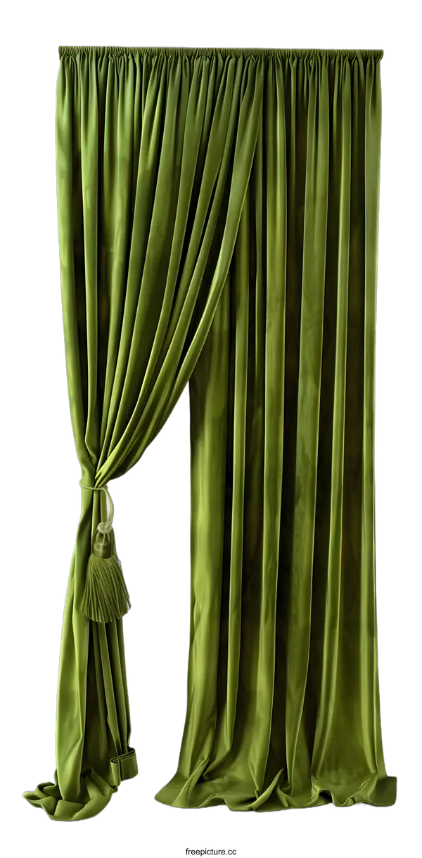 [Transparent Background PNG]Green Velvet Curtains Draped Elegantly on White Background