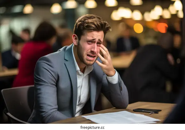 Young businessman is crying while sitting at a table in a restaurant