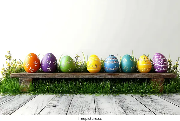 Colorful Easter Eggs Decorated on Wooden Platform