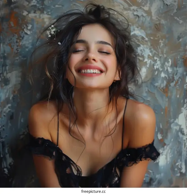Smiling Woman with Flowers in Her Hair