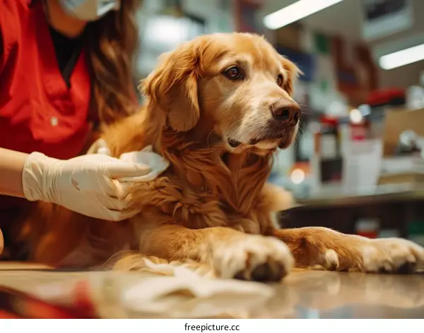 A veterinarian is cleaning a golden retriever's ear with a cotton swab