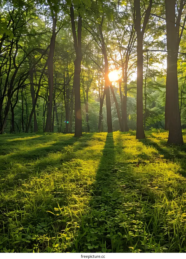 The sun shines through the forest