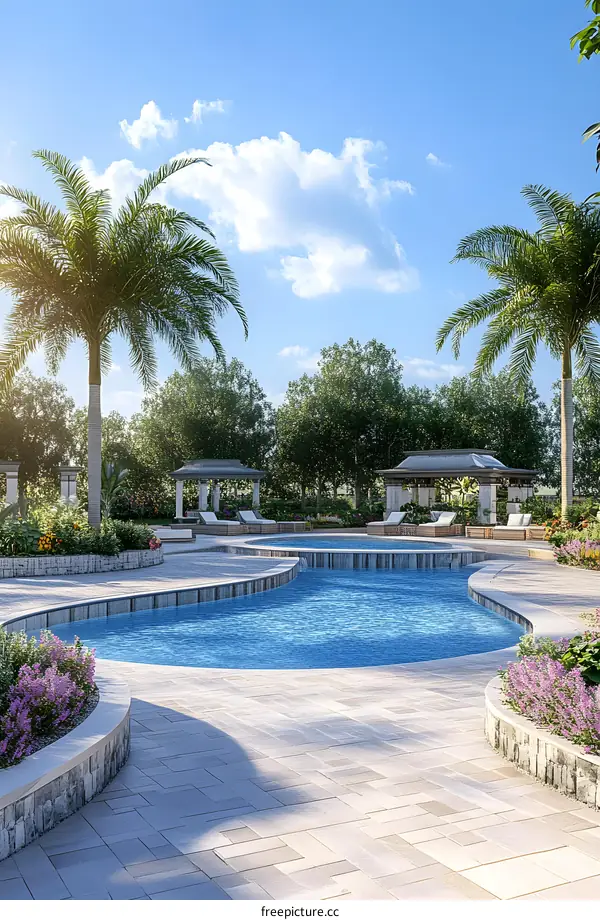 Tropical Resort Swimming Pool with Palm Trees and Lounge Chairs