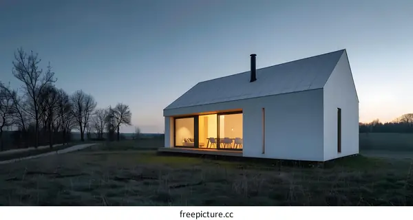 Modern White House in Field at Dusk