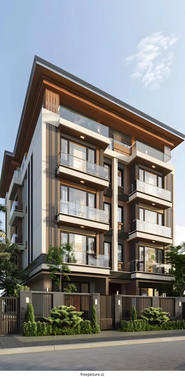 Modern Apartment Building Exterior Design with Glass Balconies and Wooden Accents