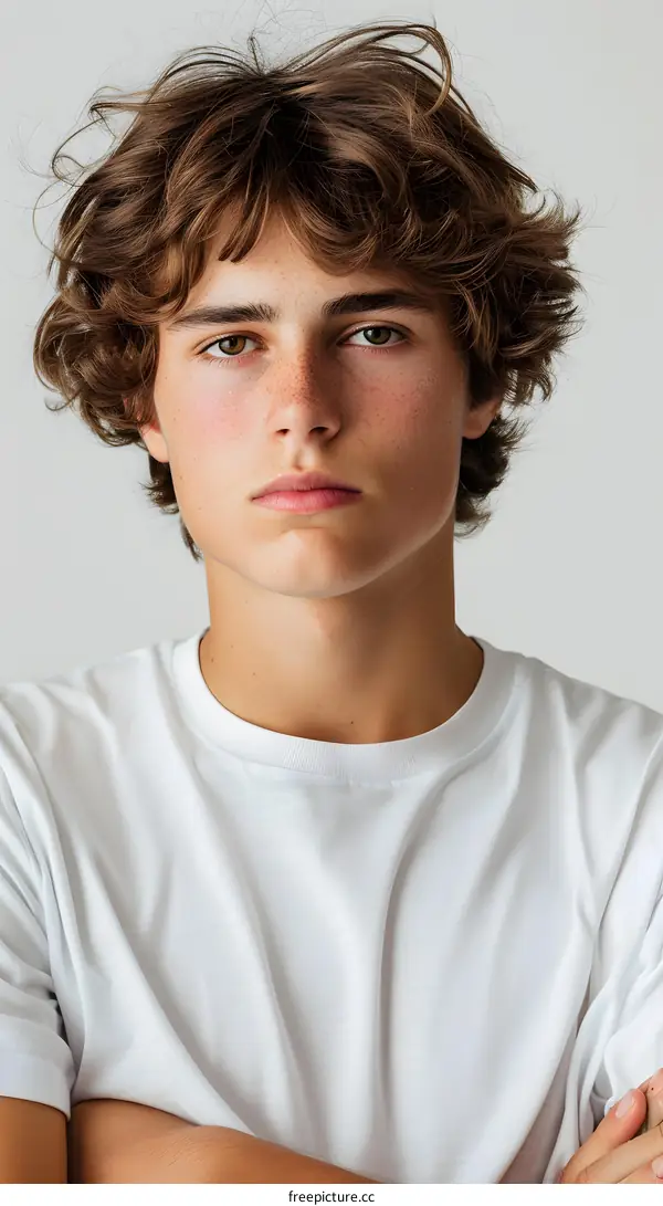 portrait of a young man with freckles and brown hair
