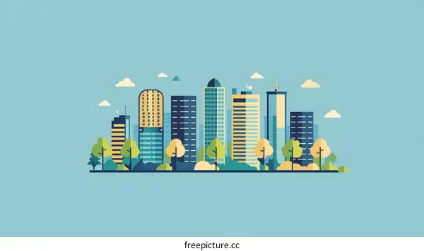 Modern City Skyline with Buildings and Trees Illustration