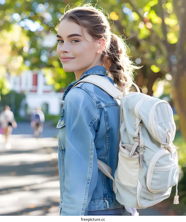Young Woman with Backpack Walking Outdoors