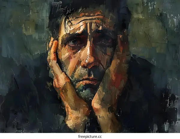 A portrait of a man with his hands on his face