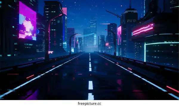 Futuristic Cityscape with Neon Lights and Empty Road at Night
