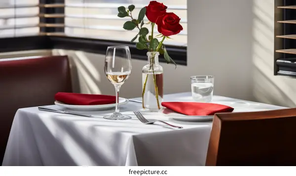 A table set for two with a vase of red roses