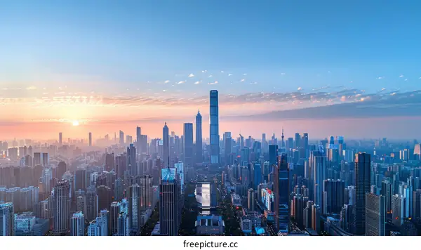 A cityscape of a modern city with skyscrapers and a river running through it