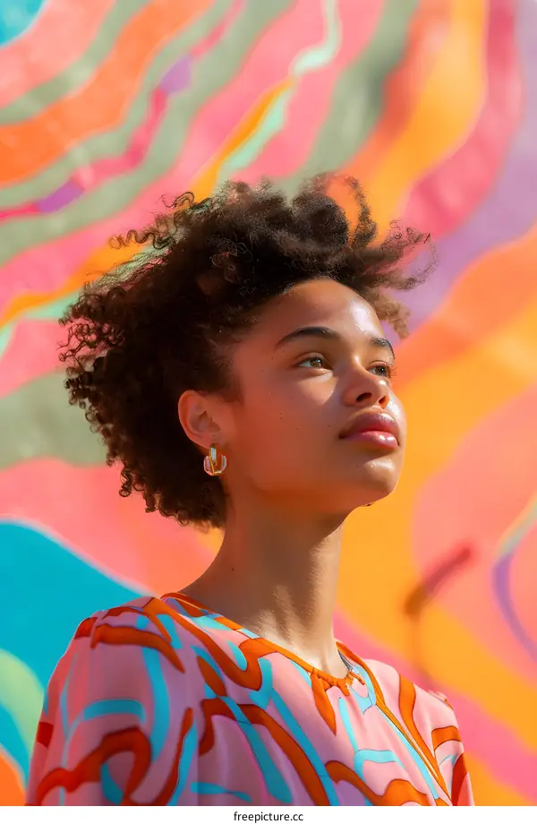 Young Woman with Curly Hair Looking Up Against Colorful Wall