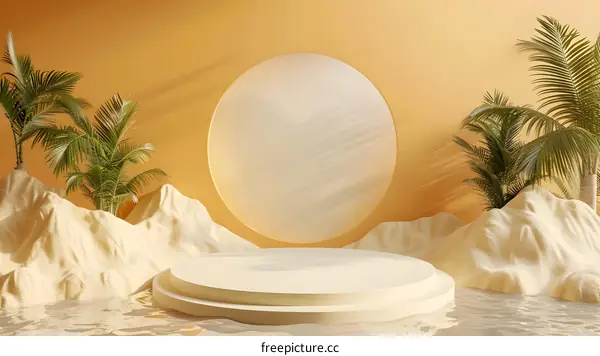 Round stage with palm trees and sun shadows on a yellow background