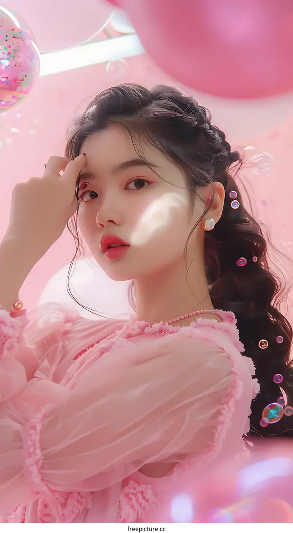 Elegant Asian Woman in a Pink Dress with Balloon Decor