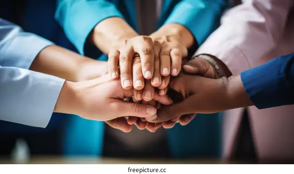 Multiracial business team joining hands together over wooden table