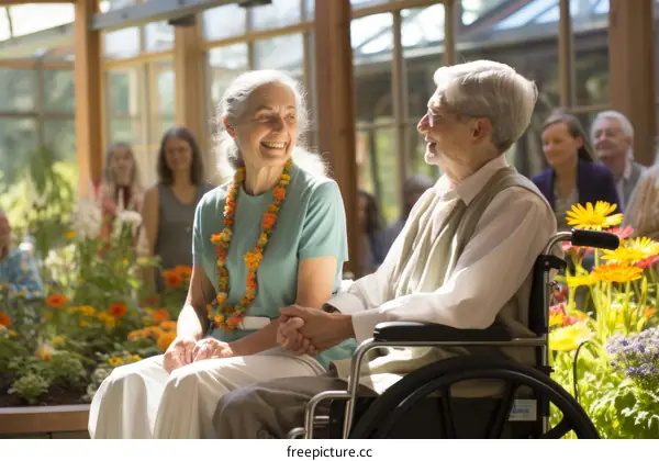An elderly couple is sitting in a wheelchair in a greenhouse and smiling at each other