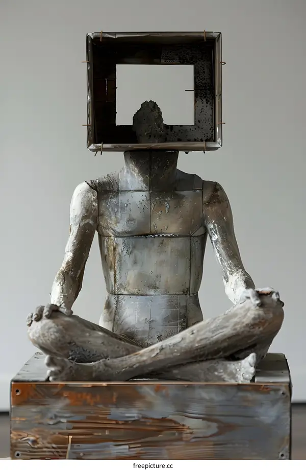 Concrete Sculpture of a Seated Human Figure with a Box on its Head