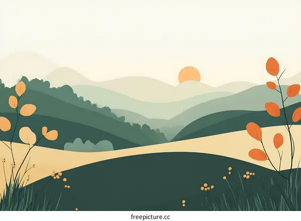 Minimalist Illustration of a Green Mountain Landscape with a Sunset