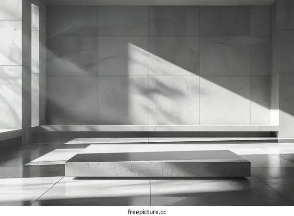 rays of light shining through a window onto a concrete floor and podium